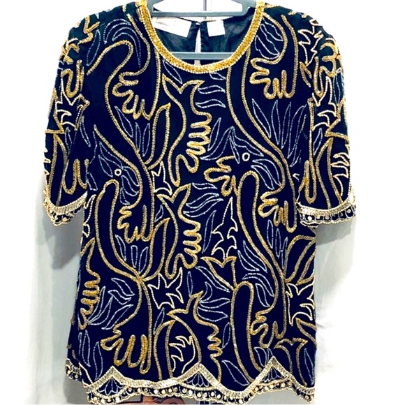 Vtg Women's Silk Beaded Blouse, Black & Gold, Maximalist, Short Sleeve, L / M - Picture 1 of 11